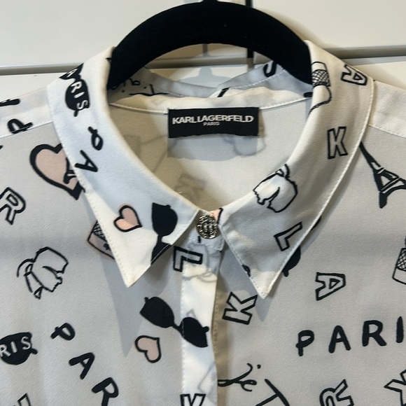 Karl Lagerfeld French Streets Roll Sleeve Button Down Blouse White & Black Sz M - Picture 9 of 17